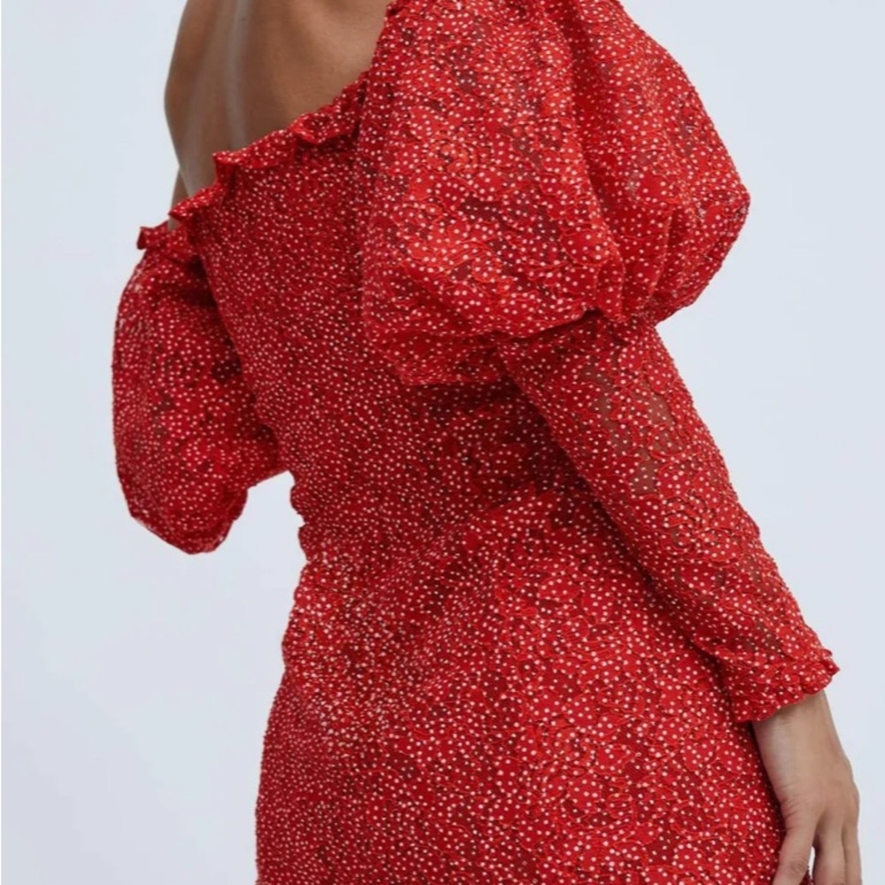 For love and lemons red polka dot CLARISSE OFF THE SHOULDER MINI DRESS size xs - Picture 2 of 2